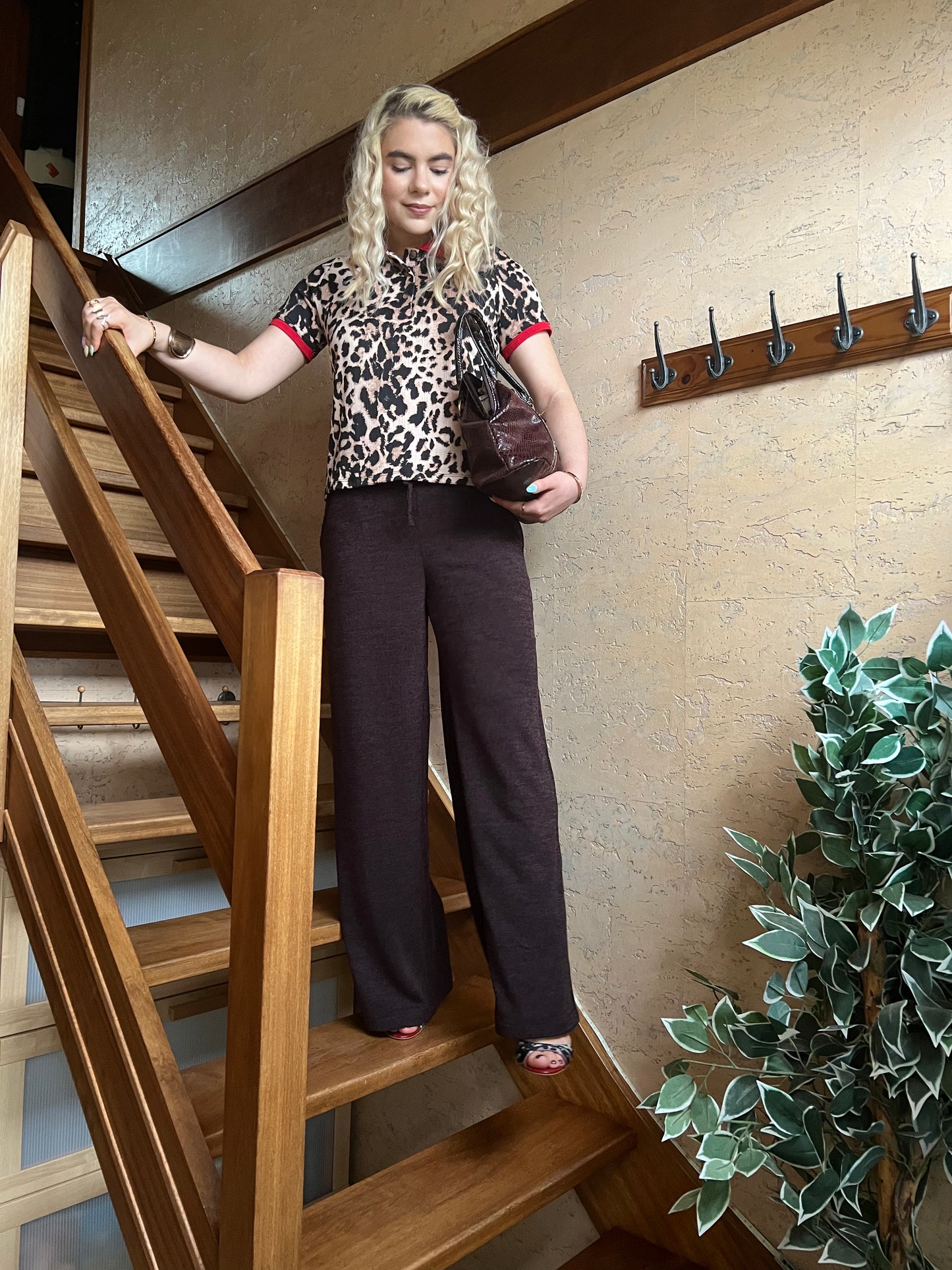 KODA - Knitted Wide Leg Flared Pants - Dark Maroon