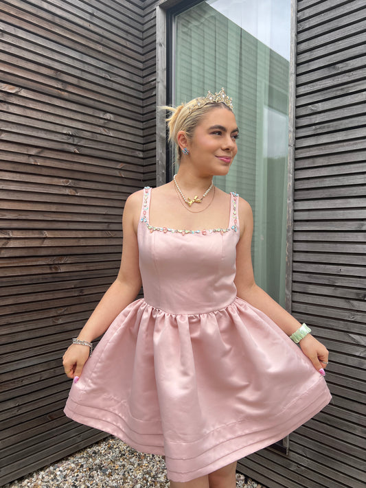 CUPCAKE - Satin Bejeweled Flared Mini Dress - Pastel Pink