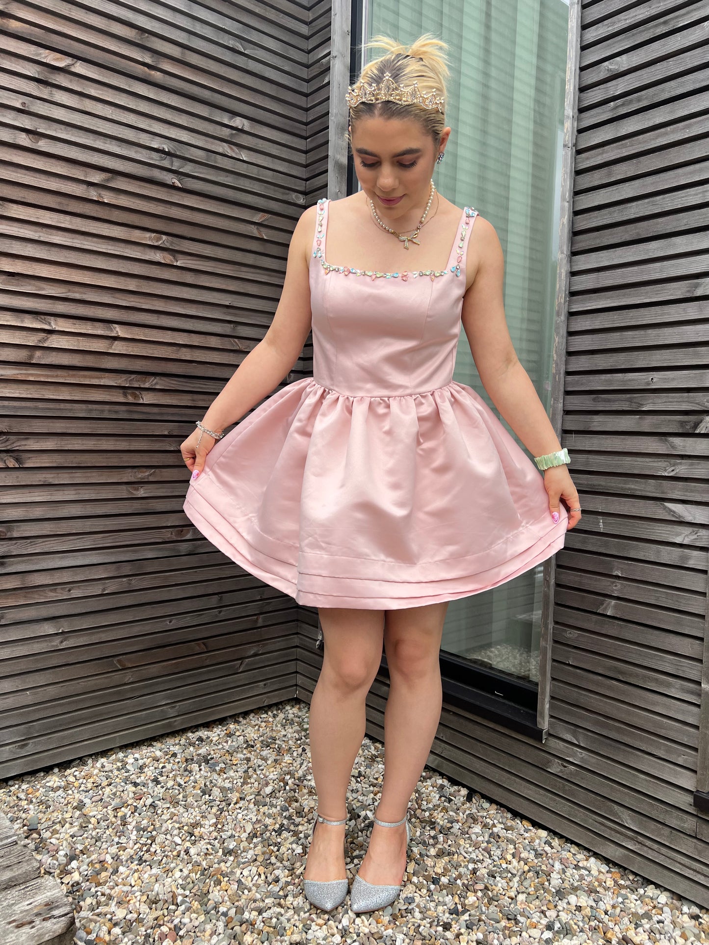 CUPCAKE - Satin Bejeweled Flared Mini Dress - Pastel Pink