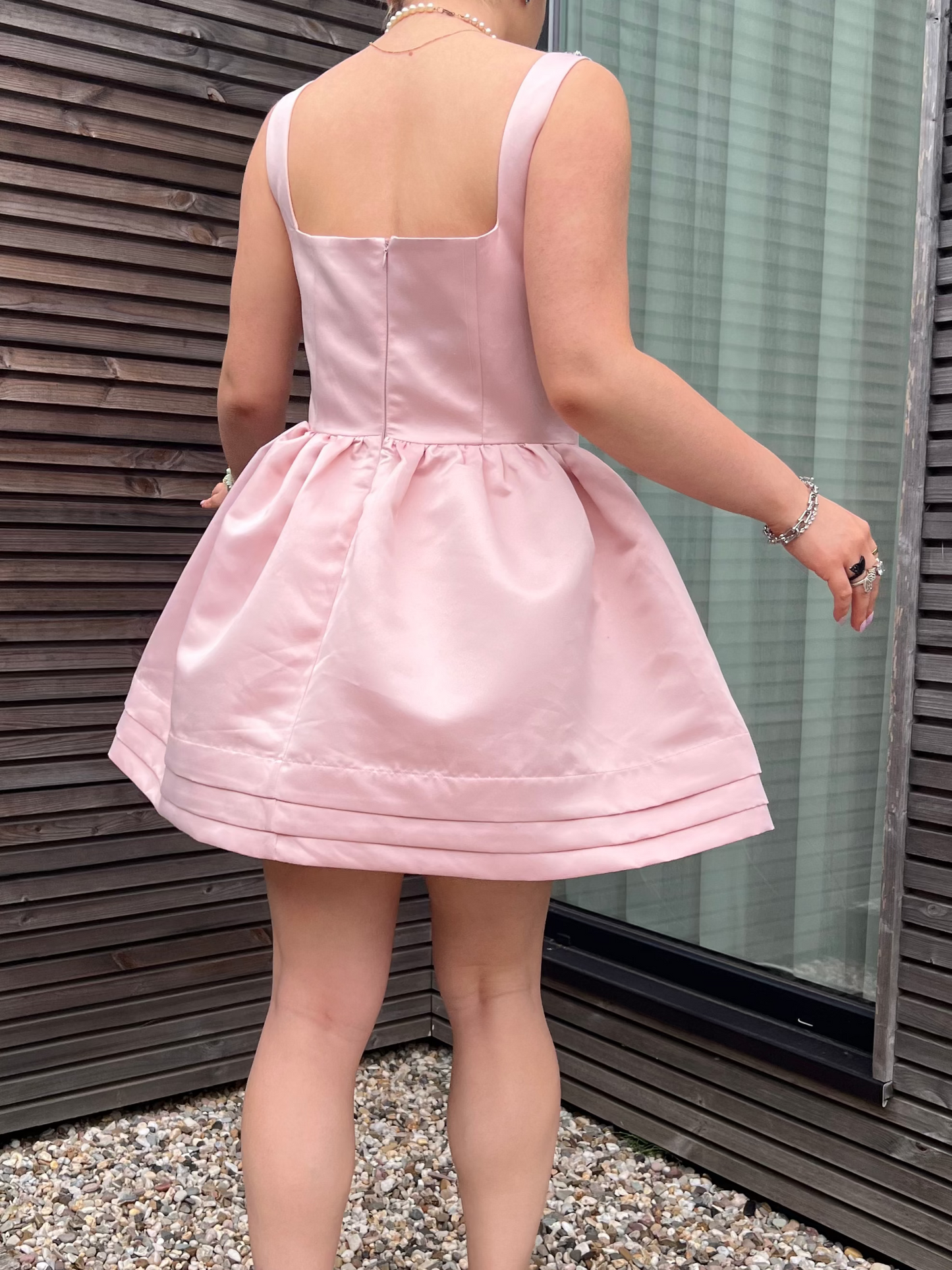 CUPCAKE - Satin Bejeweled Flared Mini Dress - Pastel Pink