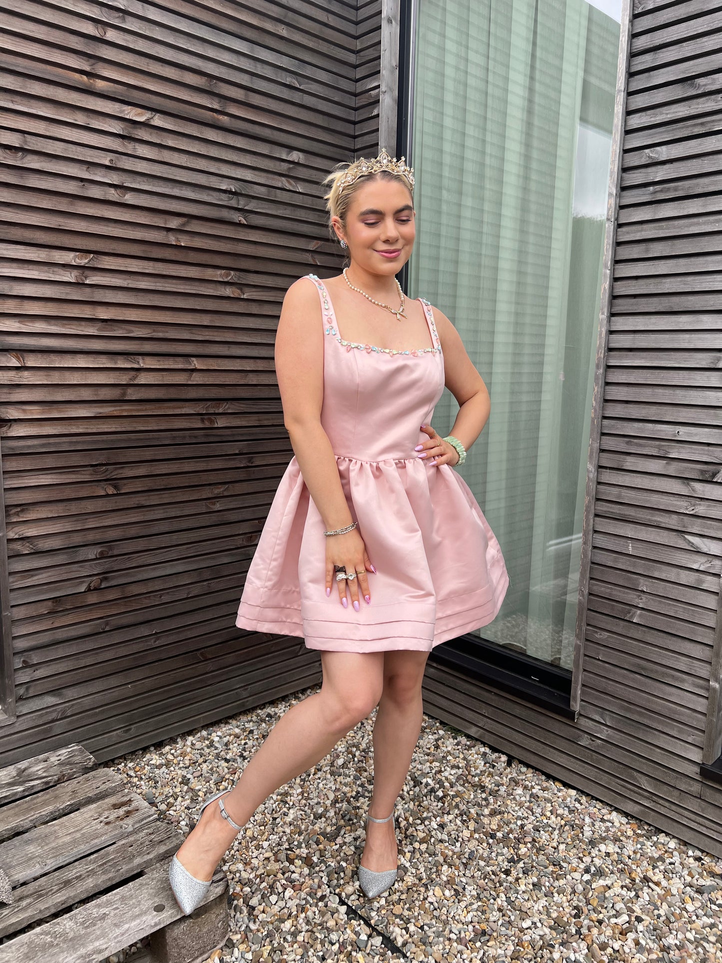 CUPCAKE - Satin Bejeweled Flared Mini Dress - Pastel Pink