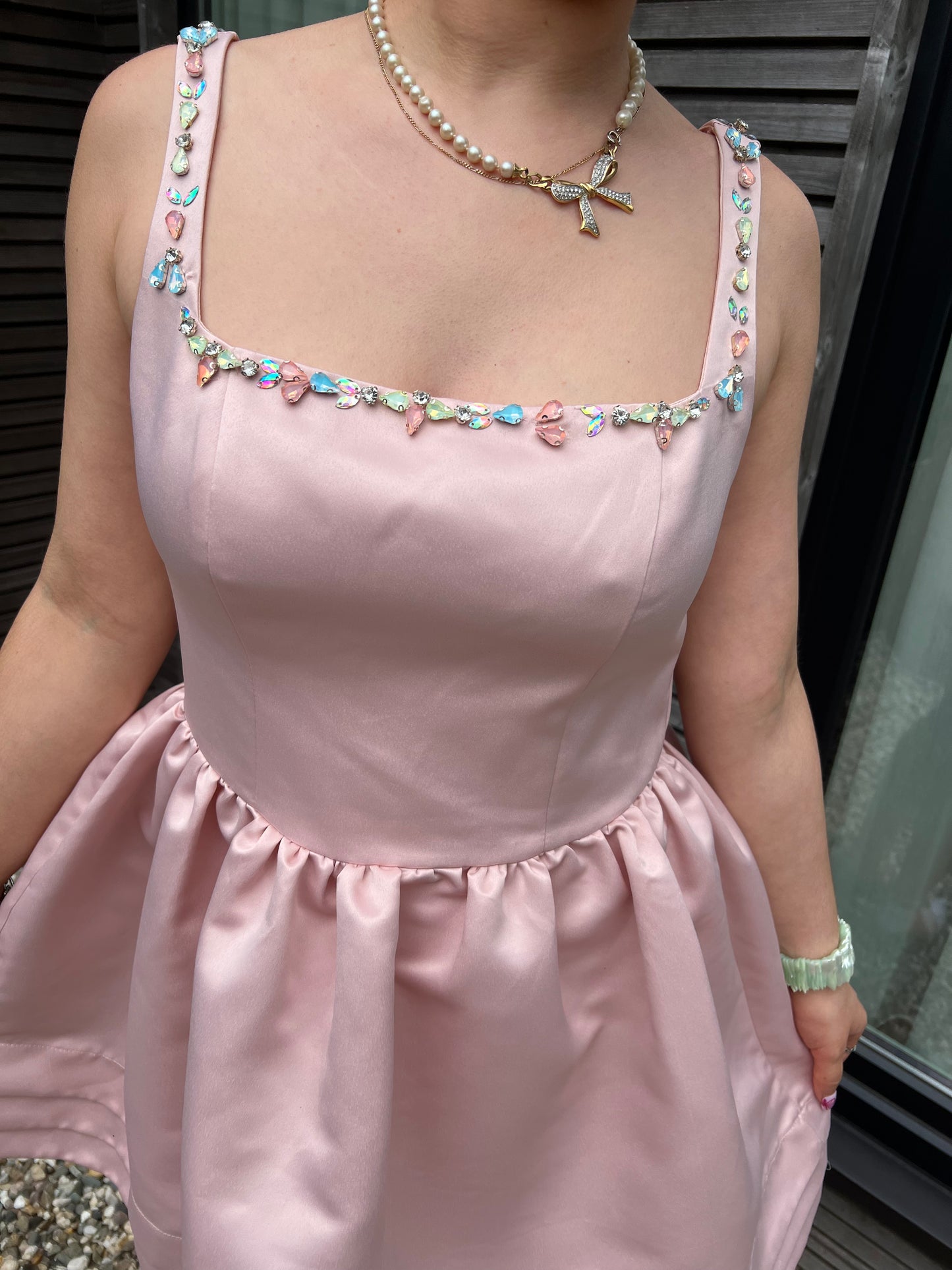 CUPCAKE - Satin Bejeweled Flared Mini Dress - Pastel Pink
