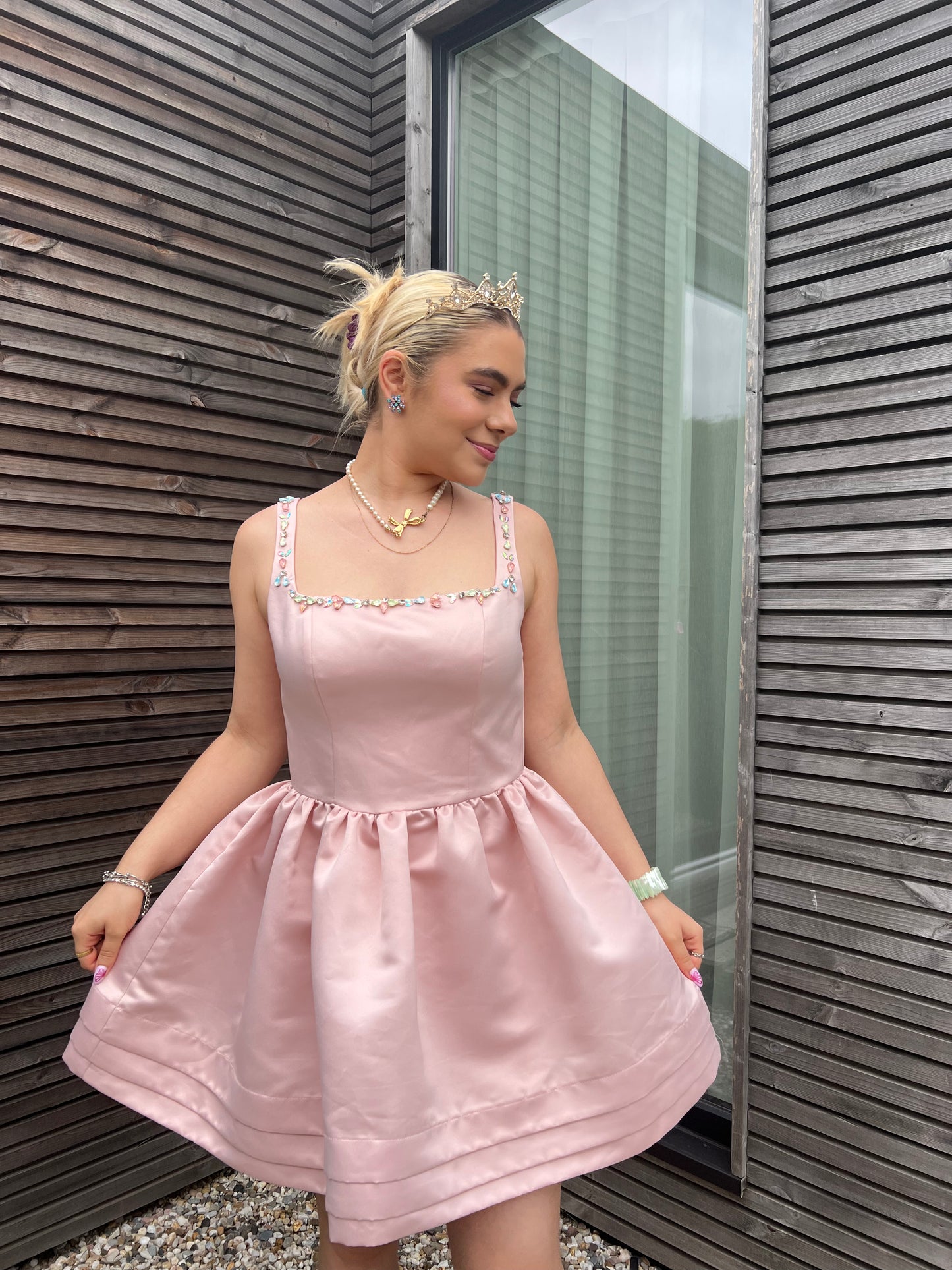 CUPCAKE - Satin Bejeweled Flared Mini Dress - Pastel Pink