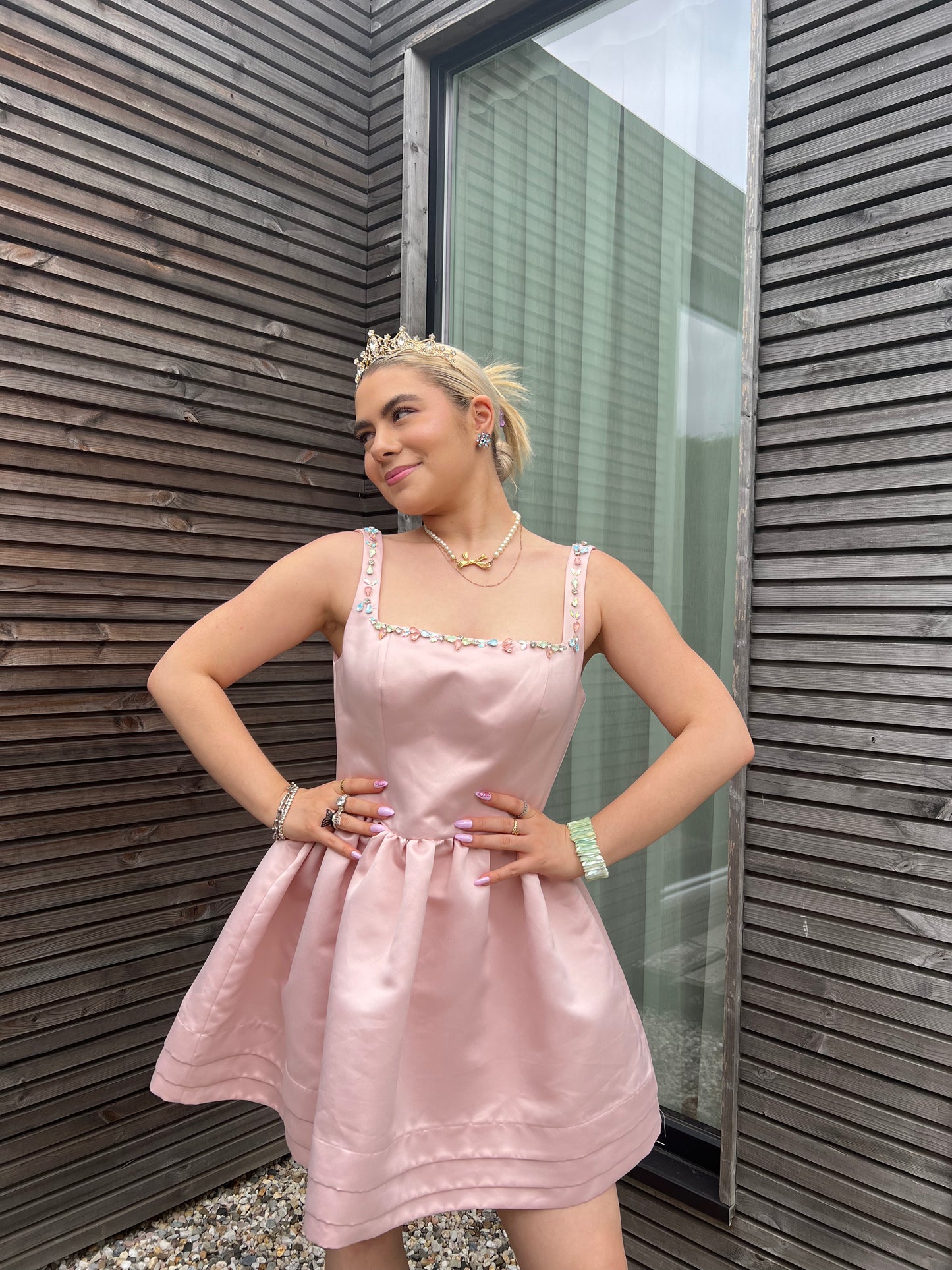 CUPCAKE - Satin Bejeweled Flared Mini Dress - Pastel Pink