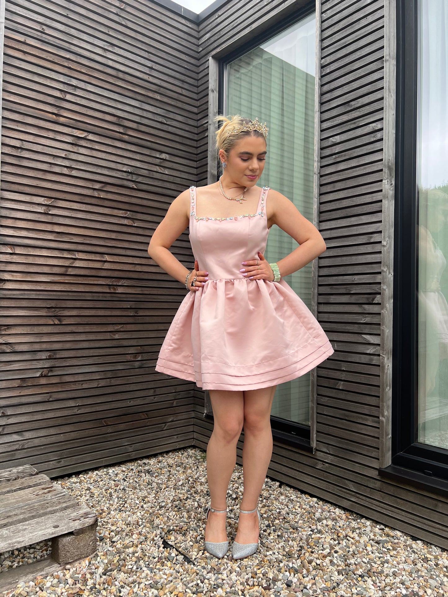 CUPCAKE - Satin Bejeweled Flared Mini Dress - Pastel Pink