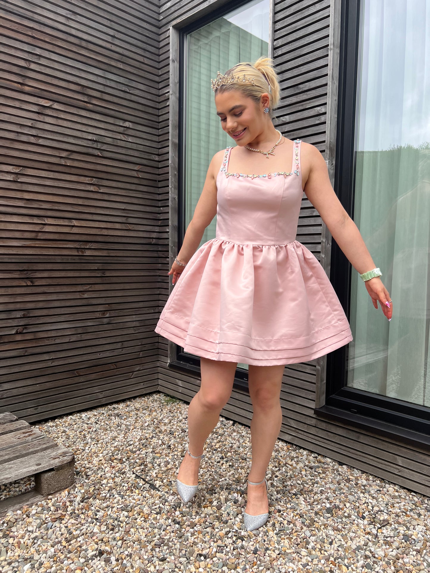 CUPCAKE - Satin Bejeweled Flared Mini Dress - Pastel Pink