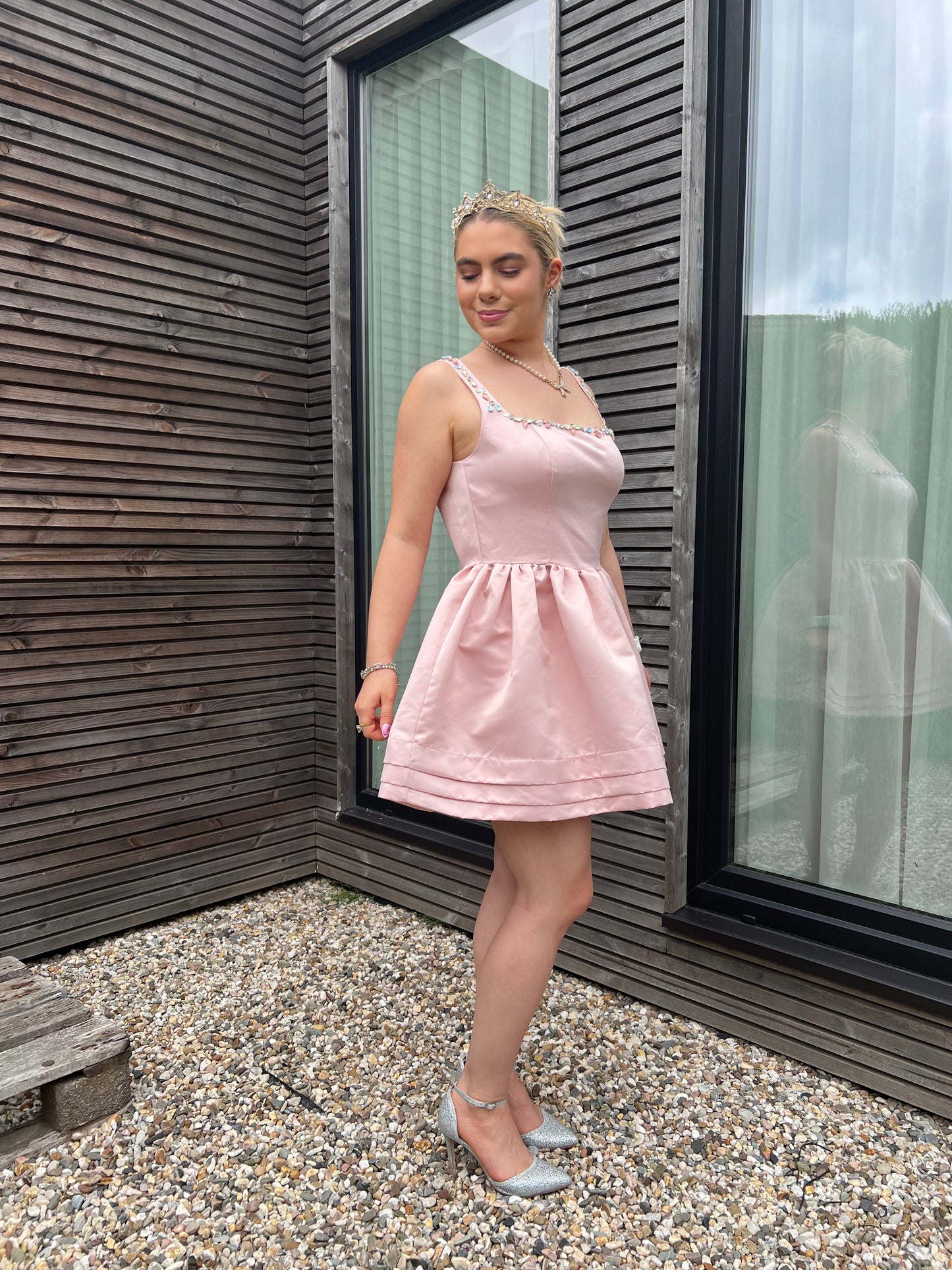 CUPCAKE - Satin Bejeweled Flared Mini Dress - Pastel Pink