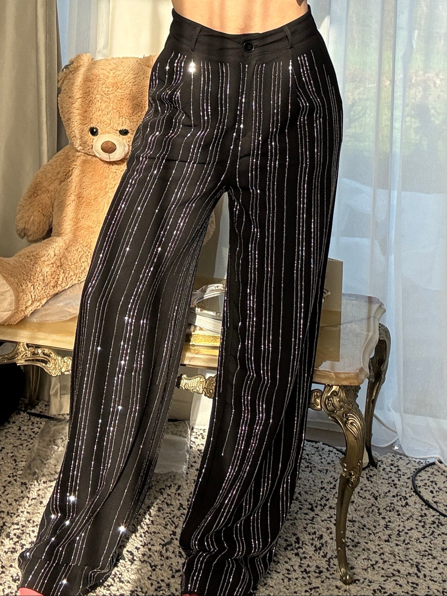 SPARKLER - Rhinestone Glitter Broek met Wijde Pijpen - Zwart