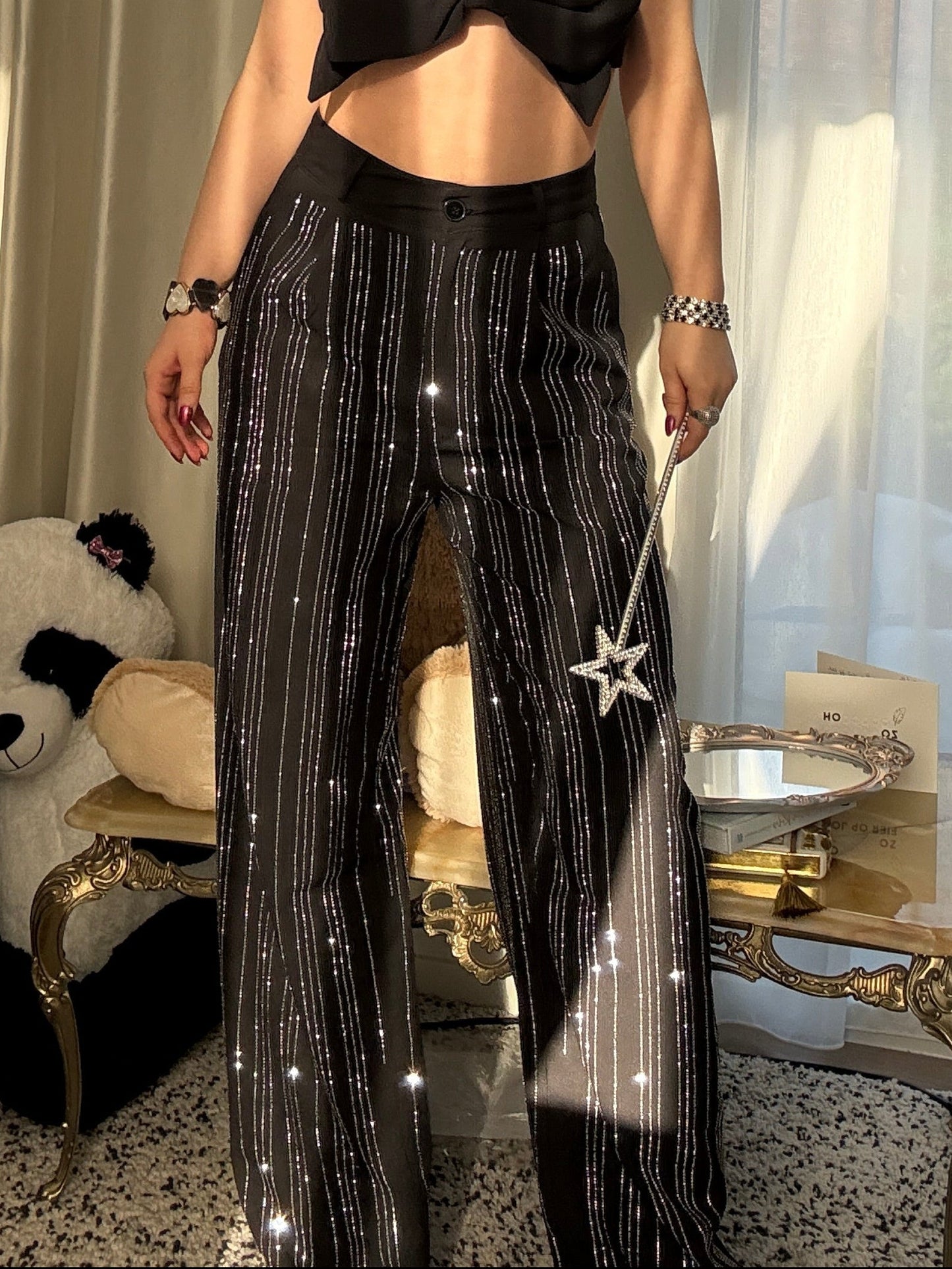 SPARKLER - Rhinestone Glitter Broek met Wijde Pijpen - Zwart