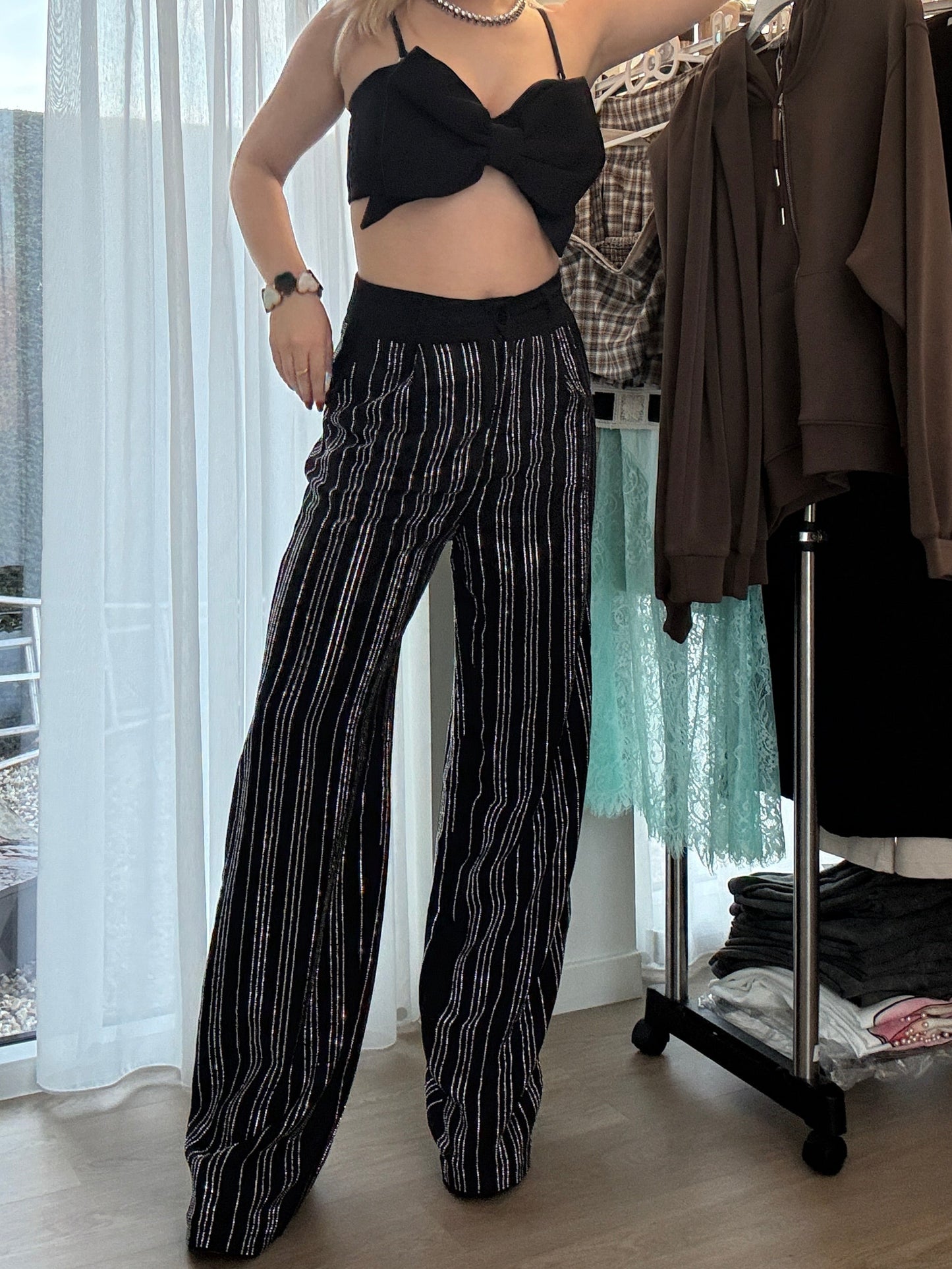 SPARKLER - Rhinestone Glitter Broek met Wijde Pijpen - Zwart