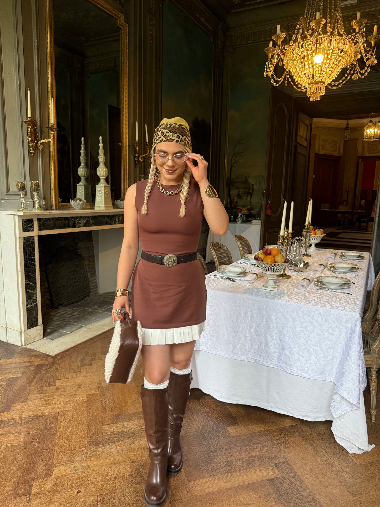 PRETZEL - Mini Dress with Pleated Hem - Cinnamon