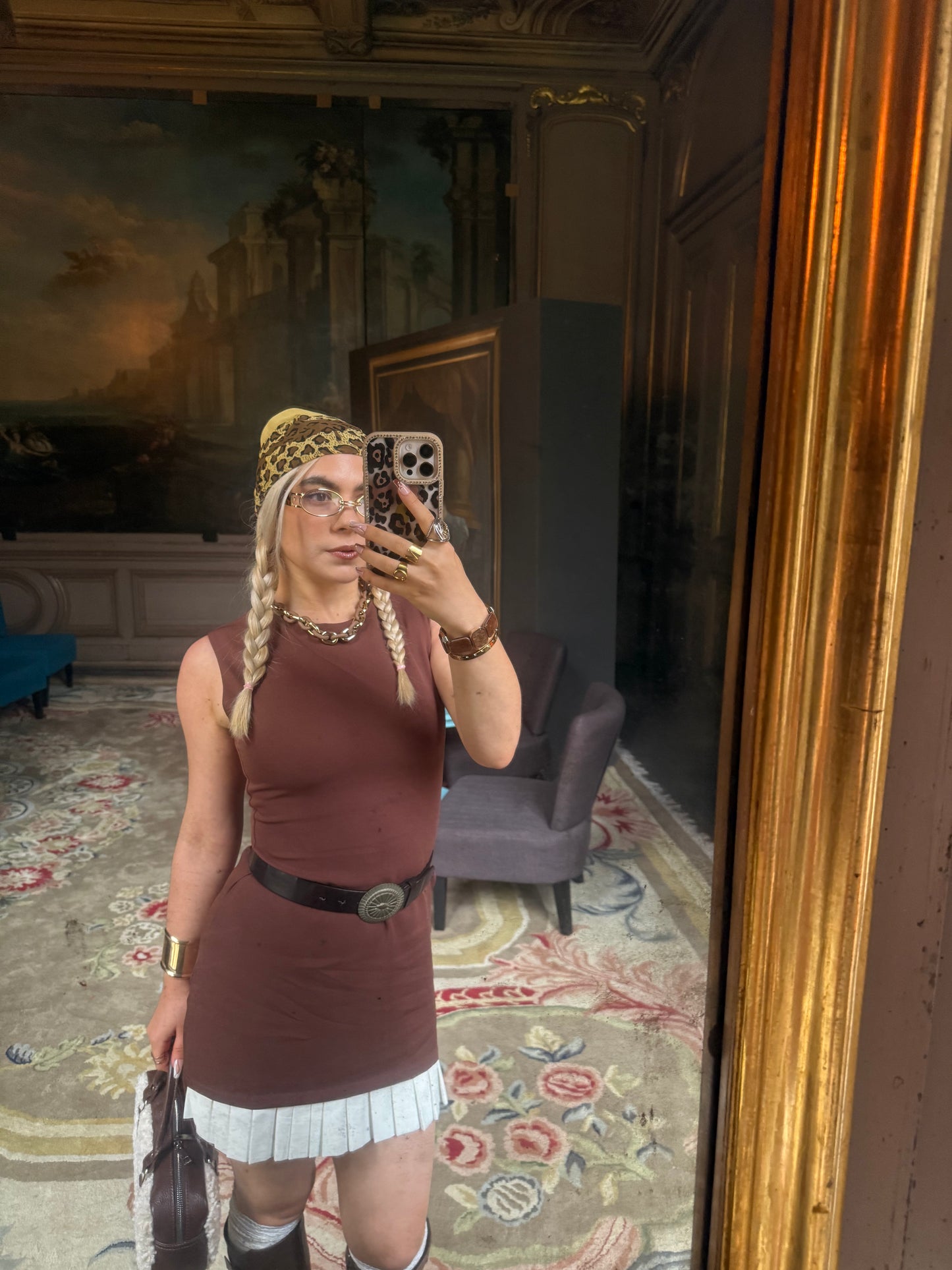 PRETZEL - Mini Dress with Pleated Hem - Cinnamon