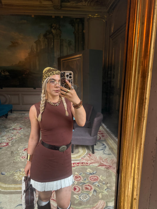 PRETZEL - Mini Dress with Pleated Hem - Cinnamon