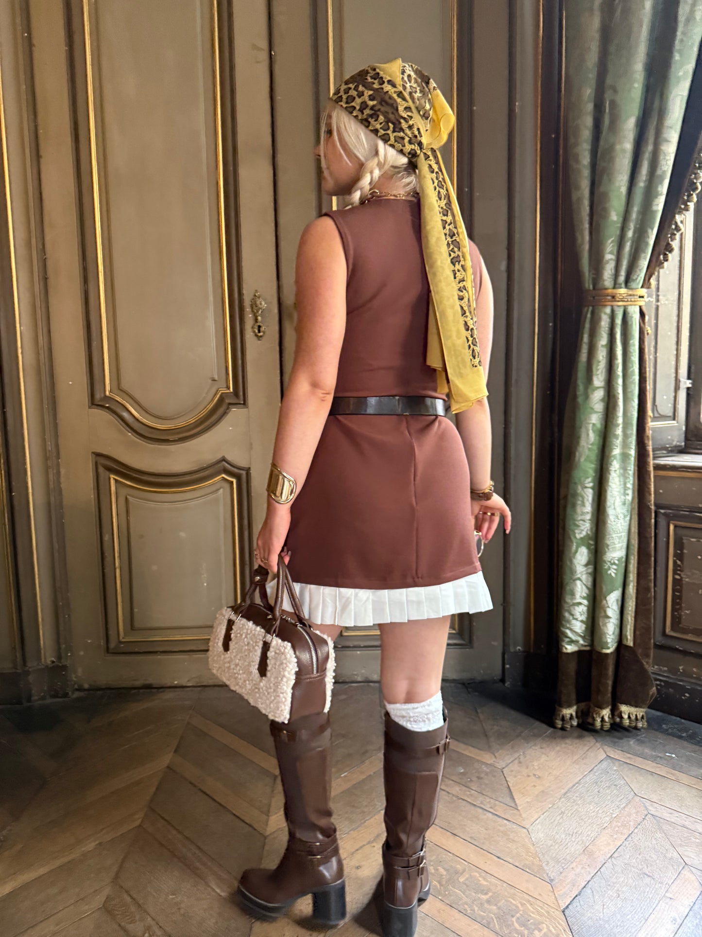 PRETZEL - Mini Dress with Pleated Hem - Cinnamon