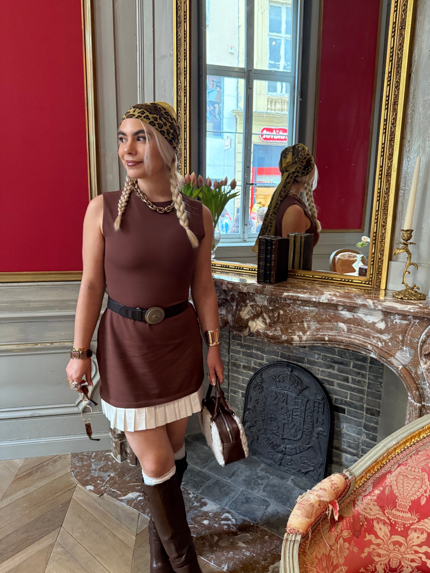 PRETZEL - Mini Dress with Pleated Hem - Cinnamon