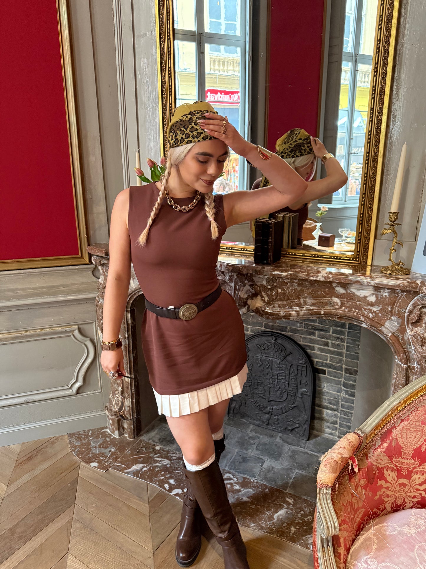 PRETZEL - Mini Dress with Pleated Hem - Cinnamon