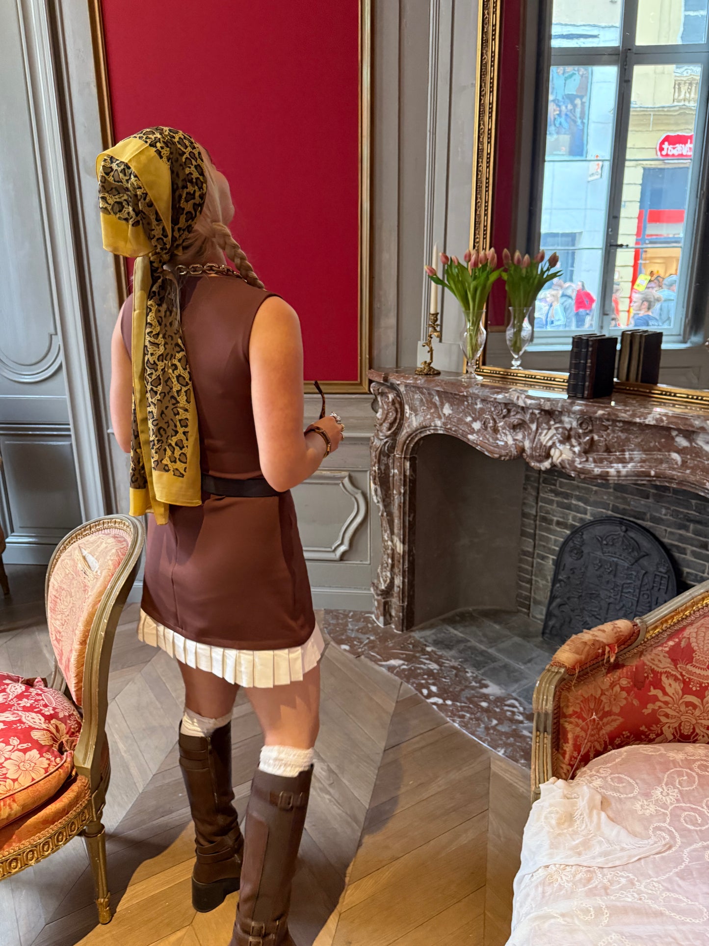 PRETZEL - Mini Dress with Pleated Hem - Cinnamon