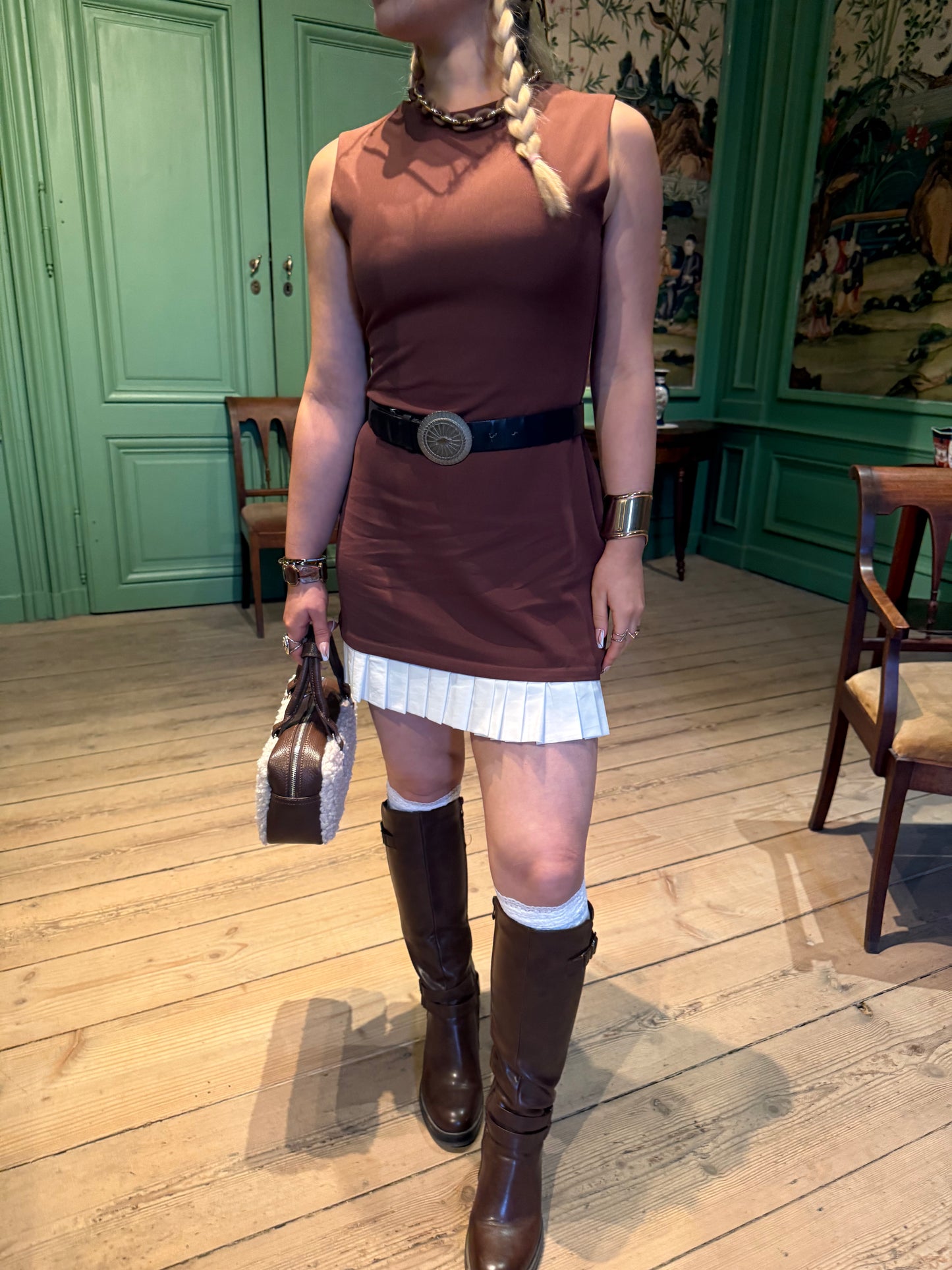 PRETZEL - Mini Dress with Pleated Hem - Cinnamon