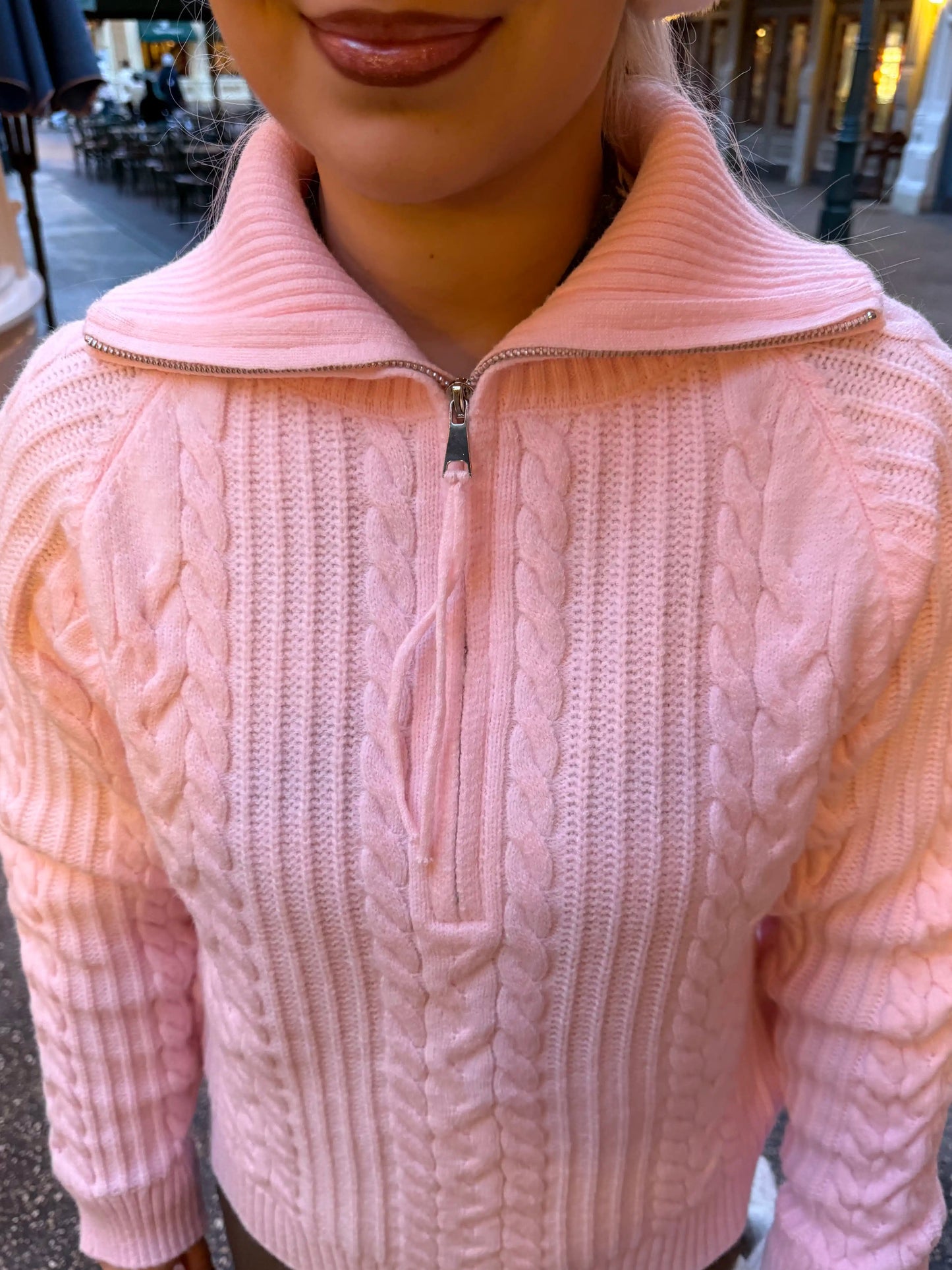 PIGLET - Trui met Ritskraag en Kabelpatroon - Babyroze